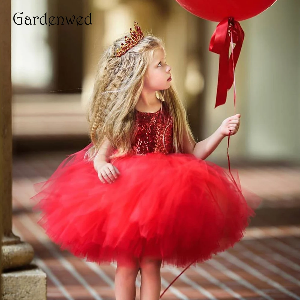 

Gardenwed 2020 Cute Kids Glitter Red Princess Dress Organza Baby Layers Flower Girl Dresses Backless Sleeveless Puffy Pageant