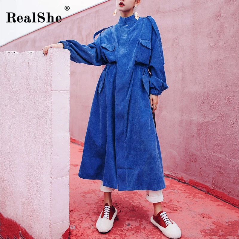 RealShe длинное пальто для женщин стоячий воротник рукав фонарик сплошные пакеты