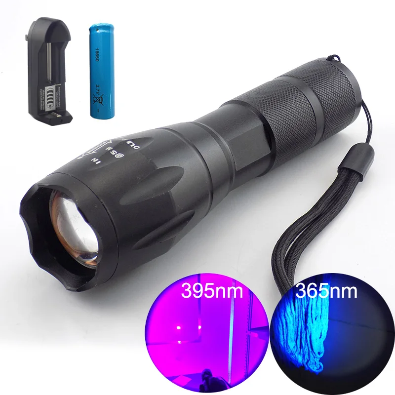 

365nm 395nm high power UV Led Flashilight zoom Fluorescent Blacklight Ultraviolet 18650 flash Lamp light Torches for detection T