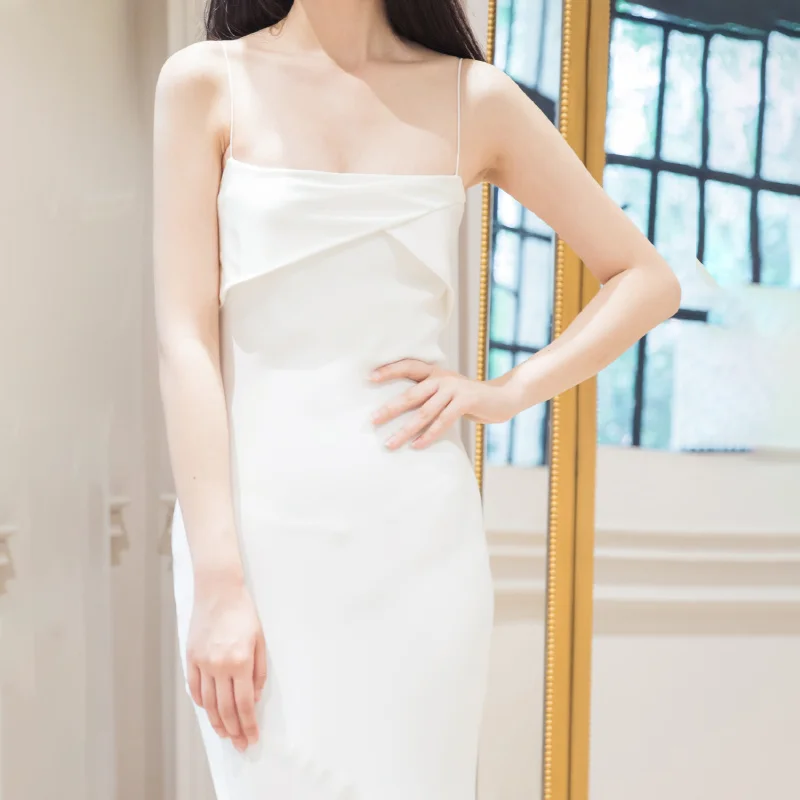 Satin Spaghetti Straps Wedding Bride Dress Mermaid Low Cut Zipper Simple Backless Elegant Bridal Gown Plus Size Custom Made #979