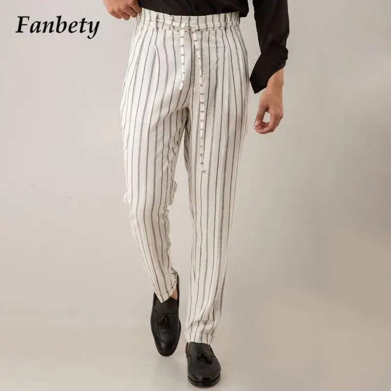 

Брюки-Карандаш мужские в полоску, повседневные свободные модные прямые штаны со средней талией, уличная одежда, весна-лето