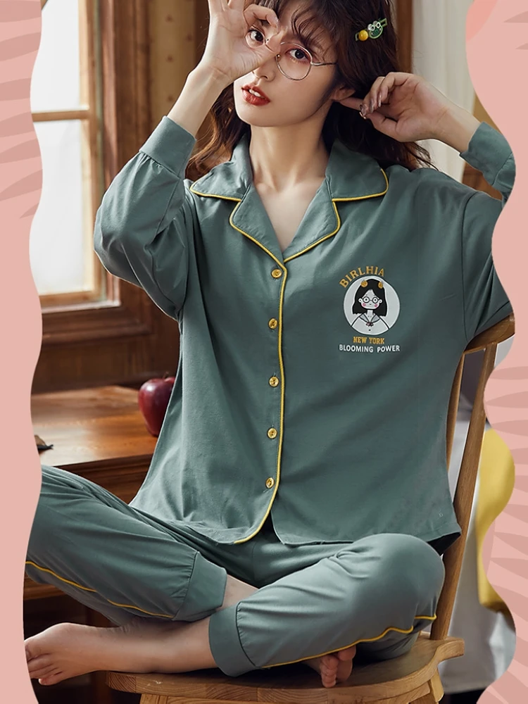 

Ladies pajamas new simple green long-sleeved knitted cotton cardigan home service girls loose and comfortable casual wear spring