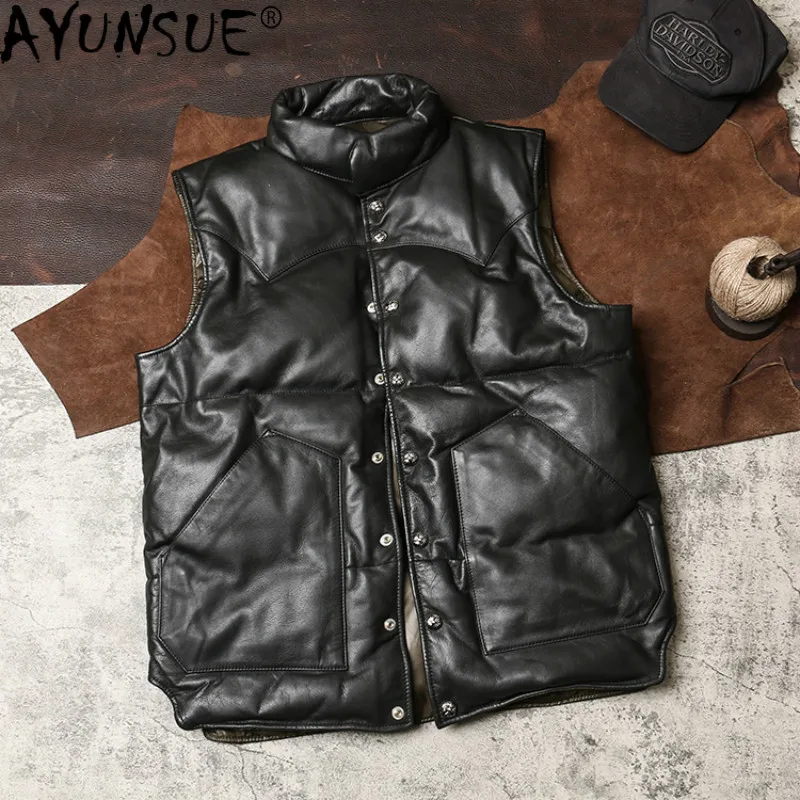 

AYUNSUE Men's Genuine Leather Down Jacket Winter Real Cow Leather Coat Waistcoat Sleeveless Leather Vest Men 2020 G-KLX KJ4974