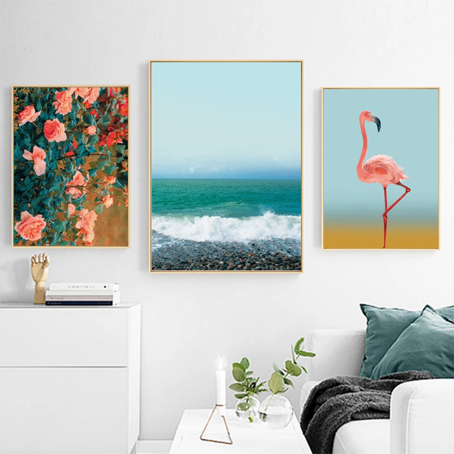 

Sea Beach Rose Flamingo Flower Nordic Posters And Prints Wall Art Canvas Painting Wall Pictures For Living Bedroom Room Decor