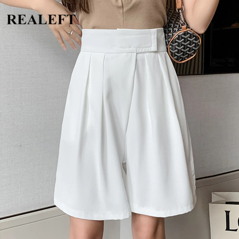 

REALEFT Summer 2021 New Elegant Women's Half Pants Solid High Waist Wide Leg Pants Female Loose Korean OL Trousers Pockets