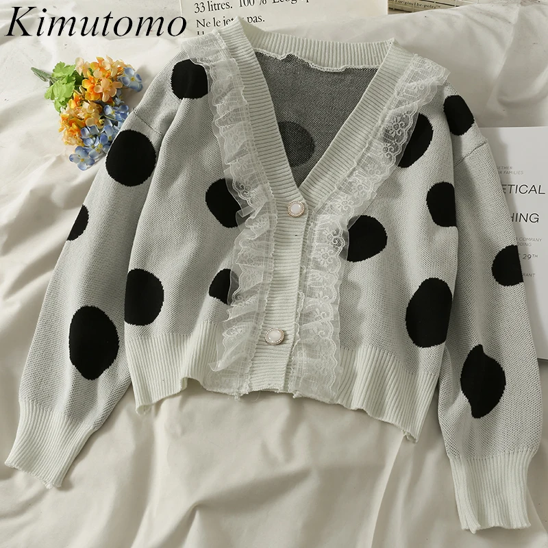 

Kimutomo Chic Sweet Knit Cardigan Woman Autumn New Loose Mesh Stitching Large Polka Dot V-neck Two Button Long Sleeve Sweater