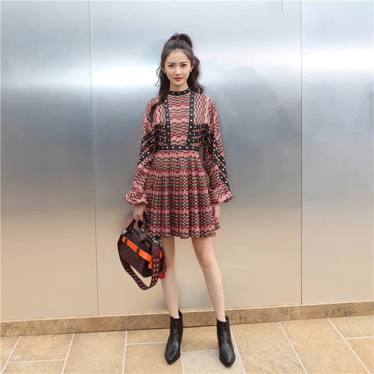 

High Quality Vintage Women Lantern Long Sleeve Chiffon Print Striped Mini Dresses Clothes Big Size Slim Party Vestidos 2021 New