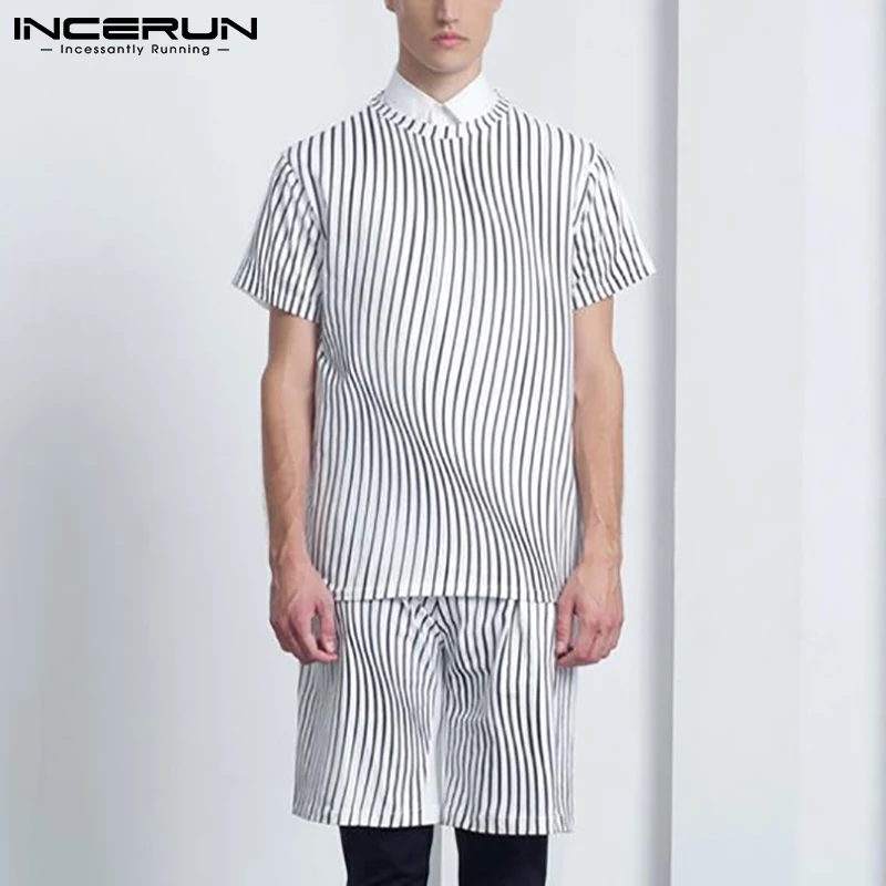 

2021 Fashion Men Striped Patchwork Sets Lapel Short Sleeve Shirt & Shorts 2 Pieces Streetwear Summer Casual Mens Suits INCERUN