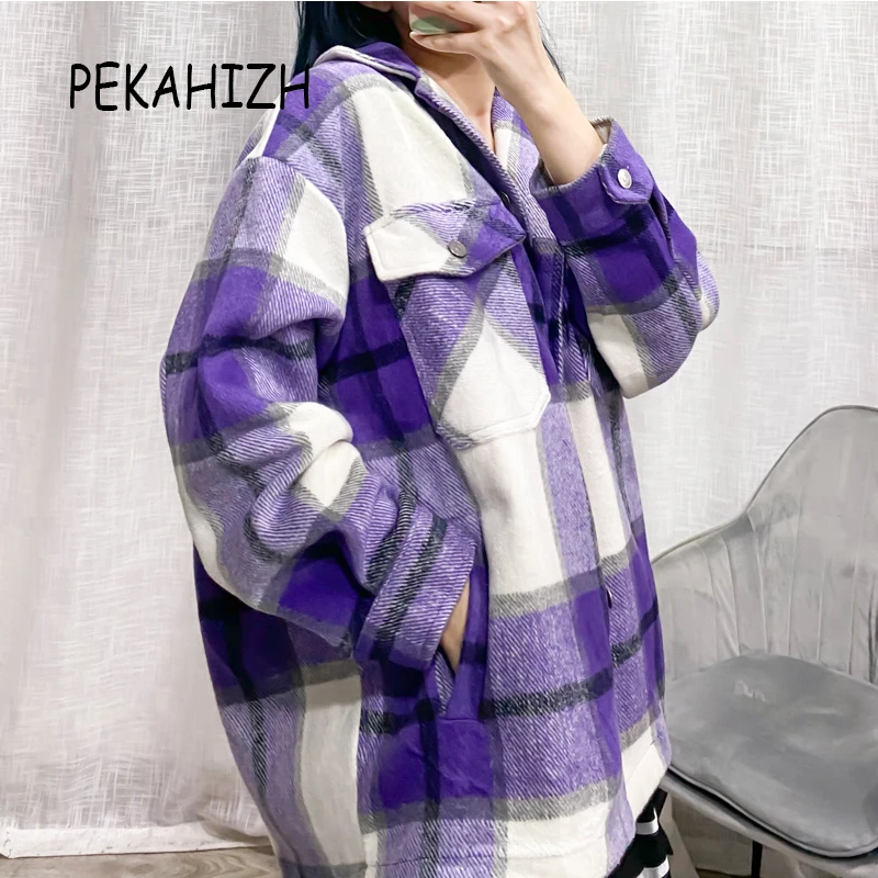 

Vintage Laepl Plaid Poket Jacket Coat Fashion Slim Warm Elegan Purpel Jacket Famale Outerwear Chic Top Autumn Winter Clothing