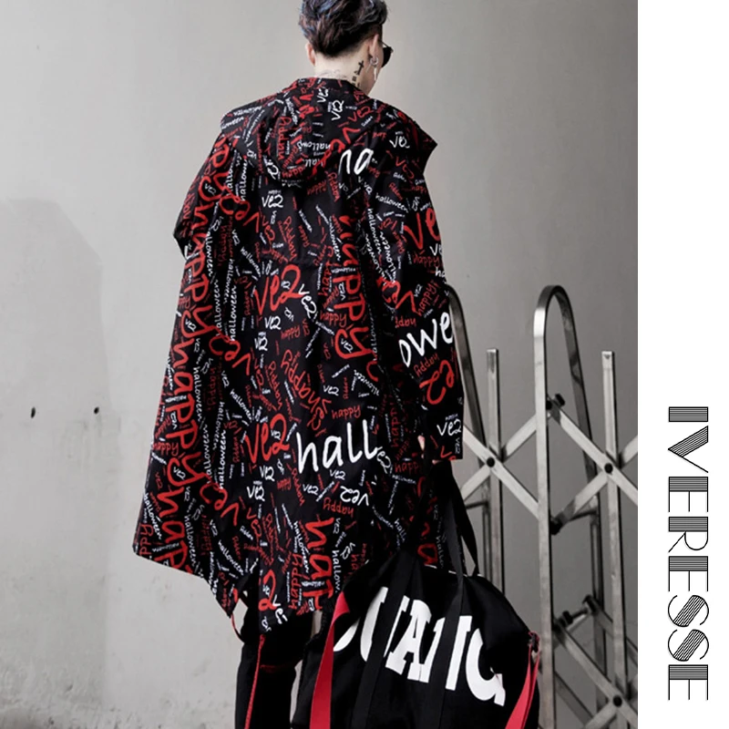 Хип Хоп куртка с капюшоном и буквенным принтом лентами пальто Тренч для мужчин