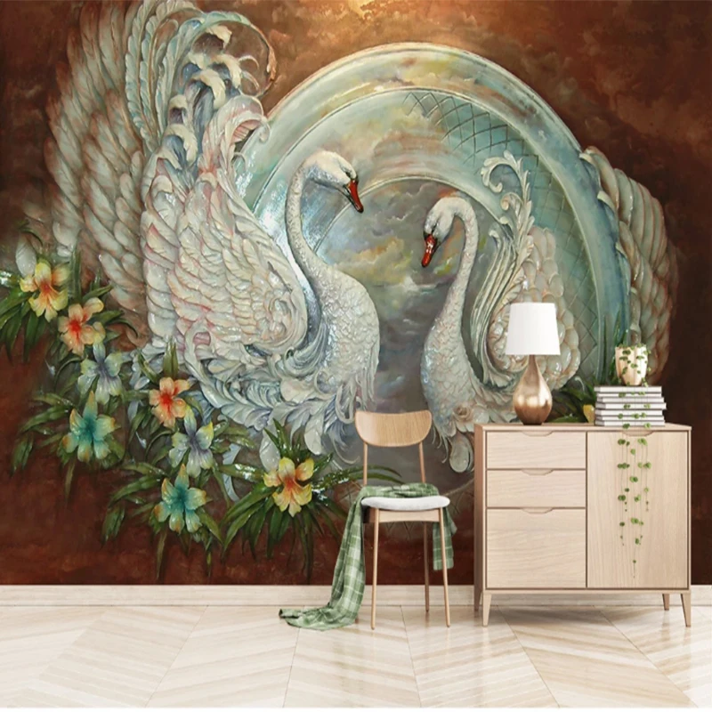 

Designer Wallpapers European Embossed Swan Flower Background Mural 3d Wallpaper For Walls