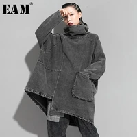 eam loose fit black denim oversized sweatshirt new high collar long sleeve women big size fashion spring autumn 2021 1k166