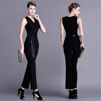elegant business sleeveless jumpsuits women slim black elastic v neck lady work wear