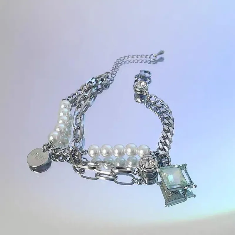 Double layer pearl chain splicing Bracelet Stainless Steel women's bracelet fashion jewelry wholesale bracelets for women