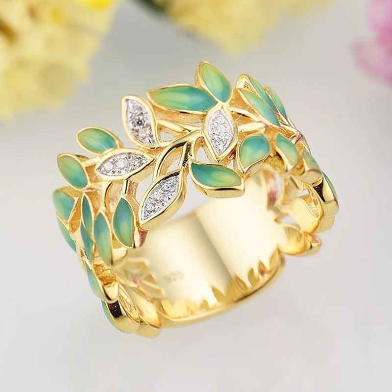 Женское кольцо с зелеными листьями вечерние кольца Anel Feminino простой золотистый