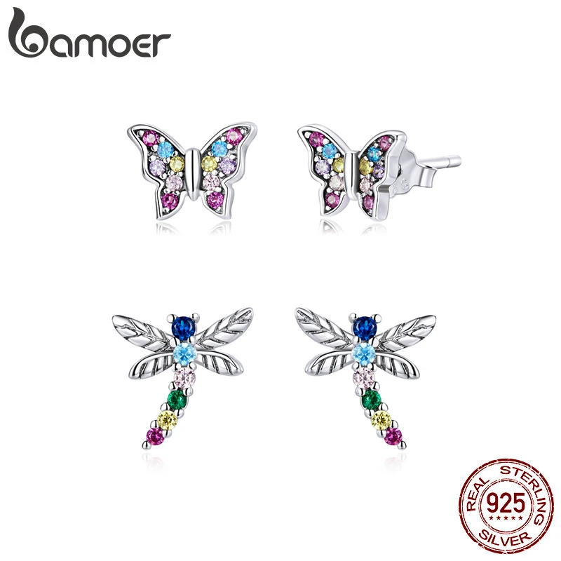 

bamoer Genuine 925 Sterling Silver Colorful Multiple Zircons Butterfly Dragonfly Stud Earrings for Women Statement Jewelry