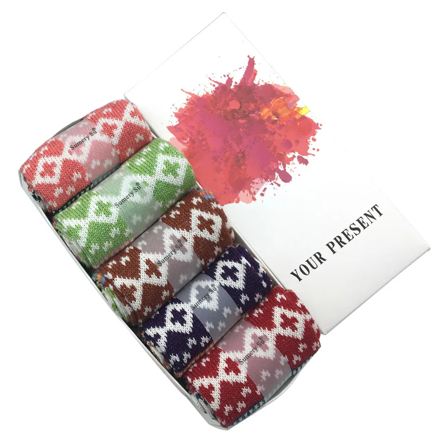 166-Pack w Gift Box 5 пар/партия, шерстяные носки для женщин, зимние, Харадзюку, японские, богемные, кашемировые, теплые носки для девушек, рождественский подарок - Цвет: 166-Pack w Gift Box