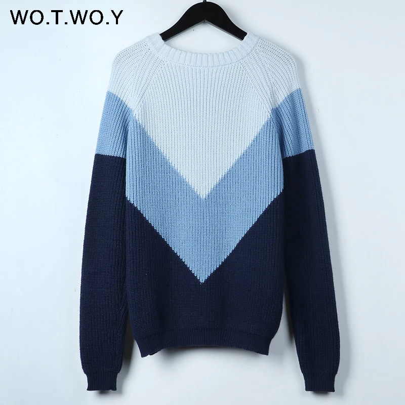 WOTWOY, Осень-зима, контрастный цвет, женский свитер, Повседневный, с длинным рукавом, пуловеры, для женщин, с круглым вырезом, вязаные топы, женский джемпер, мягкий