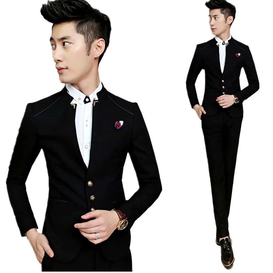 

Classic Men Business Suits Black Navy Purple Slim Fit Mens Stand-up Collar Suit 2piece Set High-quality Male Wedding Suits