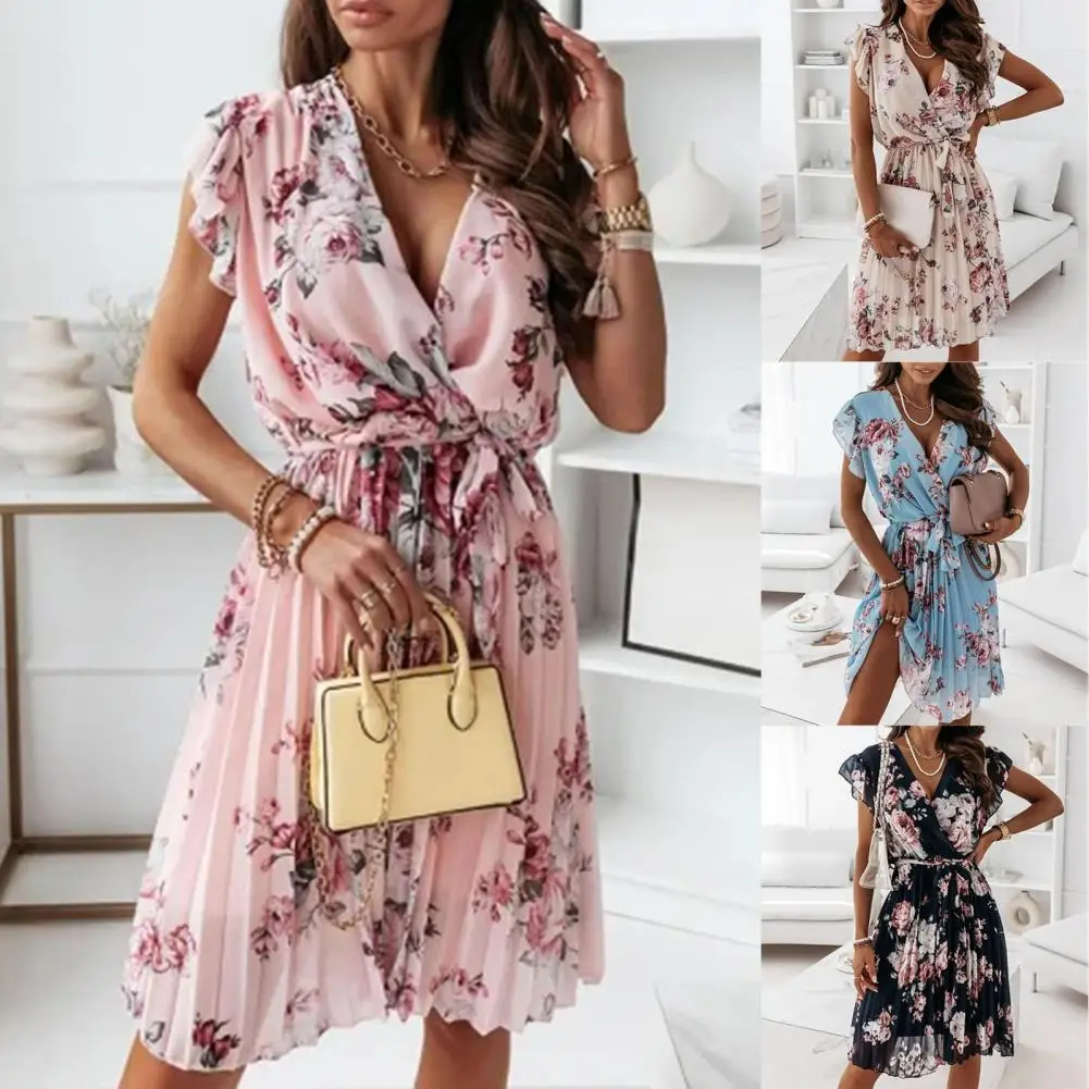 

Chiffon Elegant Women Floral Printing Dress Elegant Dress High Waist for Banquet