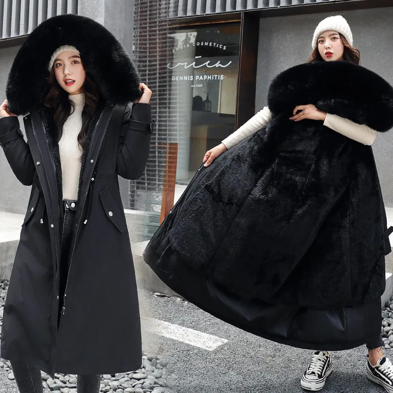 

FMFSSOM Warm Thickness Hooded Parkas Plus Size Large Fur Collar Embroidery Jackets Padded Coats 2022 Winter Women Long Coat