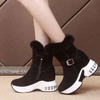 women snow boots solid color round and velvet mid tube boots cotton shoe thick soled wedge heel buckle warm and non slip boots