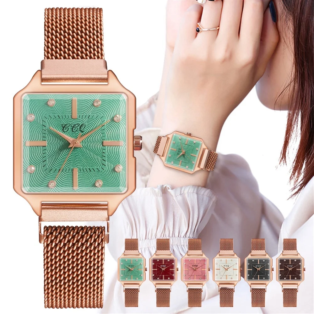 

Luxury Rhinestone Square Quartz Watch Casual Women Watches Rose Gold Magnet Clasp Ladies Wristwatches