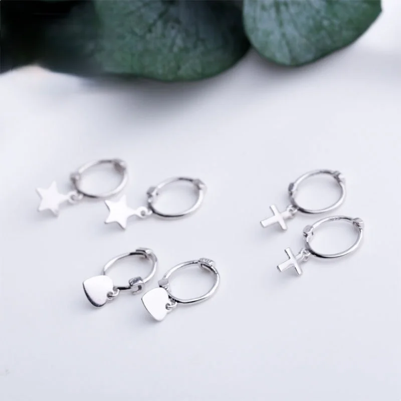 

Genuine 925 Sterling Silver Small Hoop Earrings Heart Star Pendant Drop Earrings Women Punk Hip Hop Party Jewelry Accessories