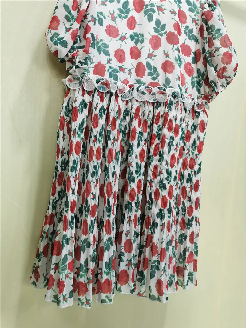 

Woman rose dress summer casual party ruffle short sleeve mini printed French brand dress female