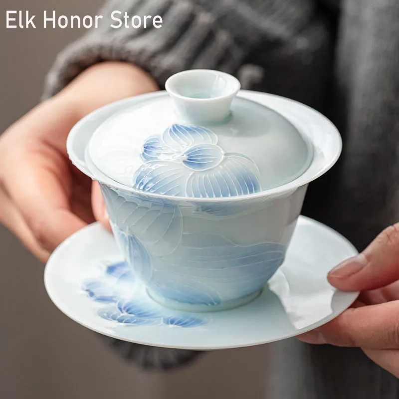

150 мл сине-белая фарфоровая крышка чаша Ручная роспись туманная синяя чайная чаша китайский чайный сервиз Кунг-фу керамическая тонкая шина ...