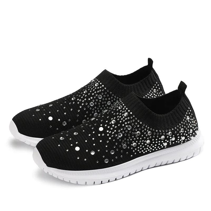 

Flat Shoes Crystal Mesh Sports Shoes Summer With Diamond Flying Woven Breathable Running Sports Shoes Women's Rhinestones