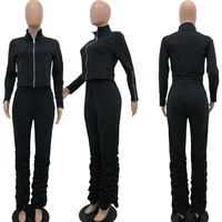 2020 Activewear Sport Tracksuit Women Solid Long Sleeve Stand Collar Jacket Tops Legging Stacked Pants Suit Jogger Two Piece Set