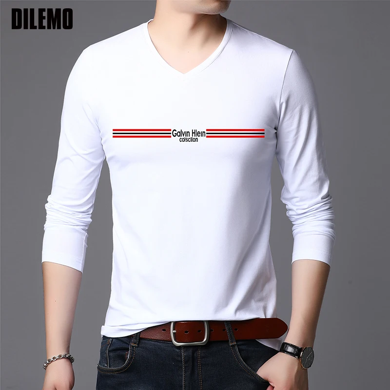 

2021 Top Quality New Fashion Brand 95% Cotton 5% Spandex t Shirt For Men Black Plain V Neck Long Sleeve Tops Casual Men Clothes
