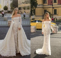 2020 mermaid wedding dresses with detachable train lace appliques off shoulder country wedding gown long sleeve vestido de noiva