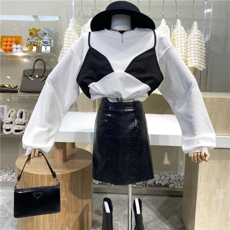

New 2021 Personalized Contrast Color Round Neck Drawcord Waist Closing Long Sleeve Sweater Loose And Versatile Fashion Top
