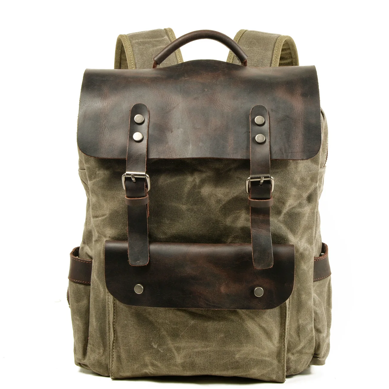 Muchuan Outdoor Laptop Backpack Student Waterproof Bag Cotton Waxed Canvas with Top Layer Crazy Horse Leather Backpack