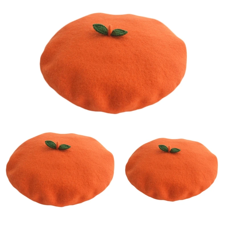 

Winter Faux Wool Beret Cap Cute Green Leaves Kawaii Orange Fruit Painter Hat M5TE