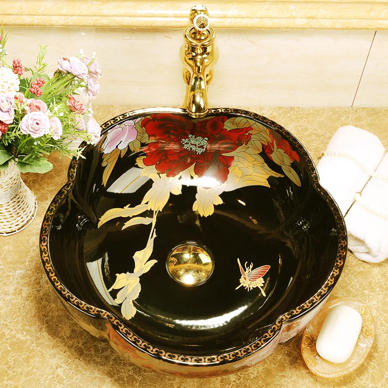 Jingdezhen черный цвет роза цветок столешница Керамическая умывальник для отеля или