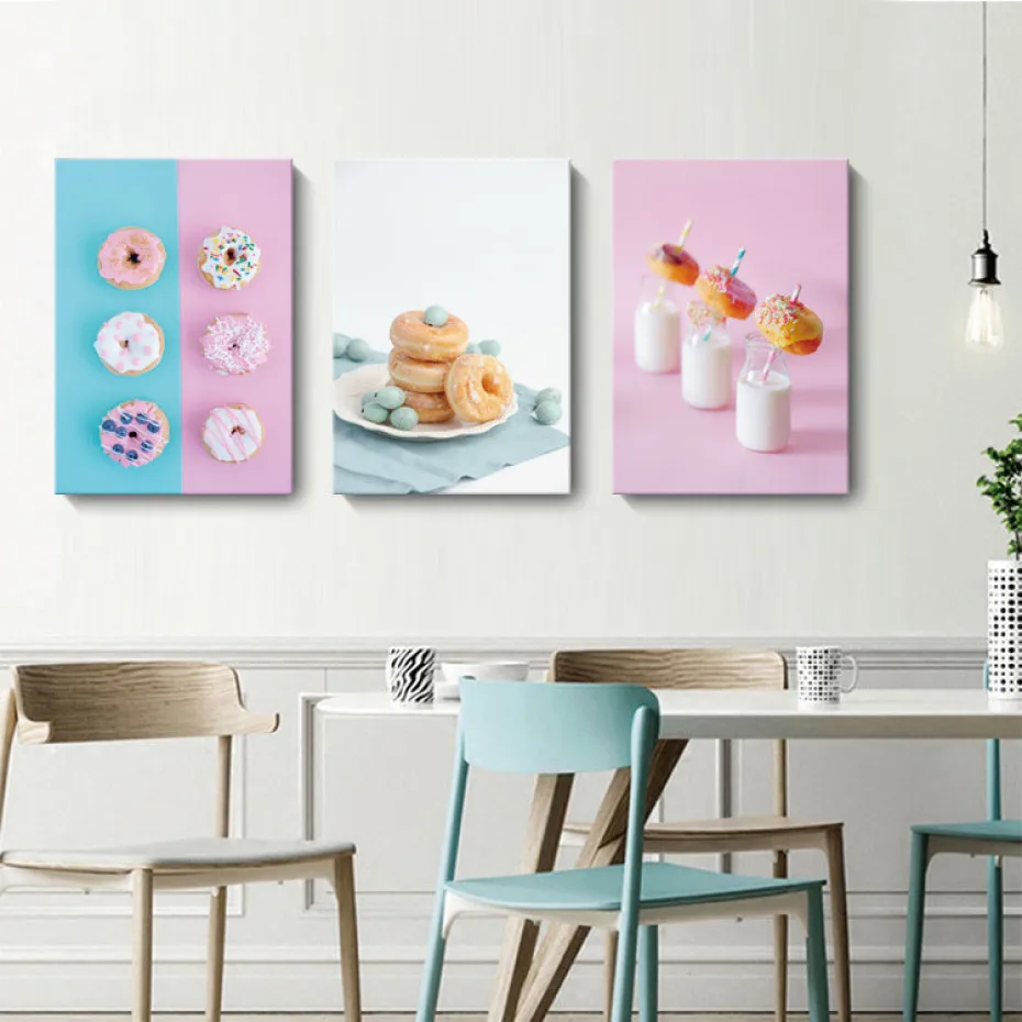 

Delicious Dessert Canvas Painting Pink Blue Blueberry Cream Doughnut Milk Posters And Prints Wall Pictures For Living Room Decor