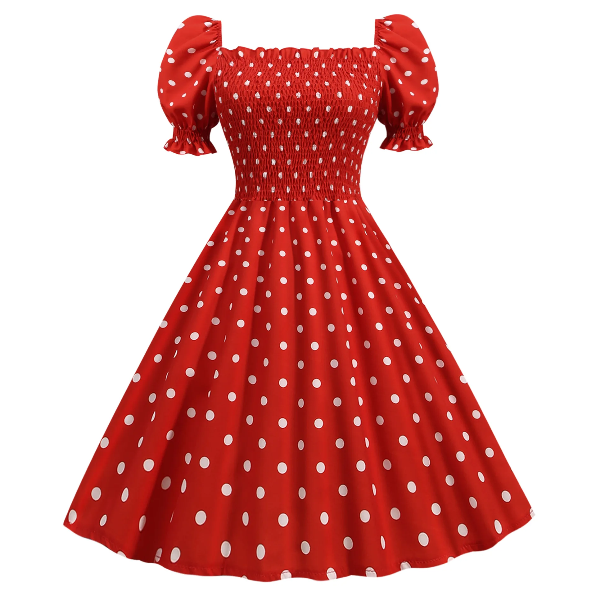 

2021 Women Retro Dress Vintage Elegant 50s 60s Polka Dot Print Short Sleeve Knee Length Summer Casual Party Flared A-Line Dress
