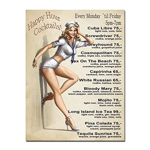 

Vintage Happy Hour Cocktail Pin Up Girl Sexy Girl Metal Tin Sign Home Bar Kitchen Restaurant Wall Deocr Plaque Signs