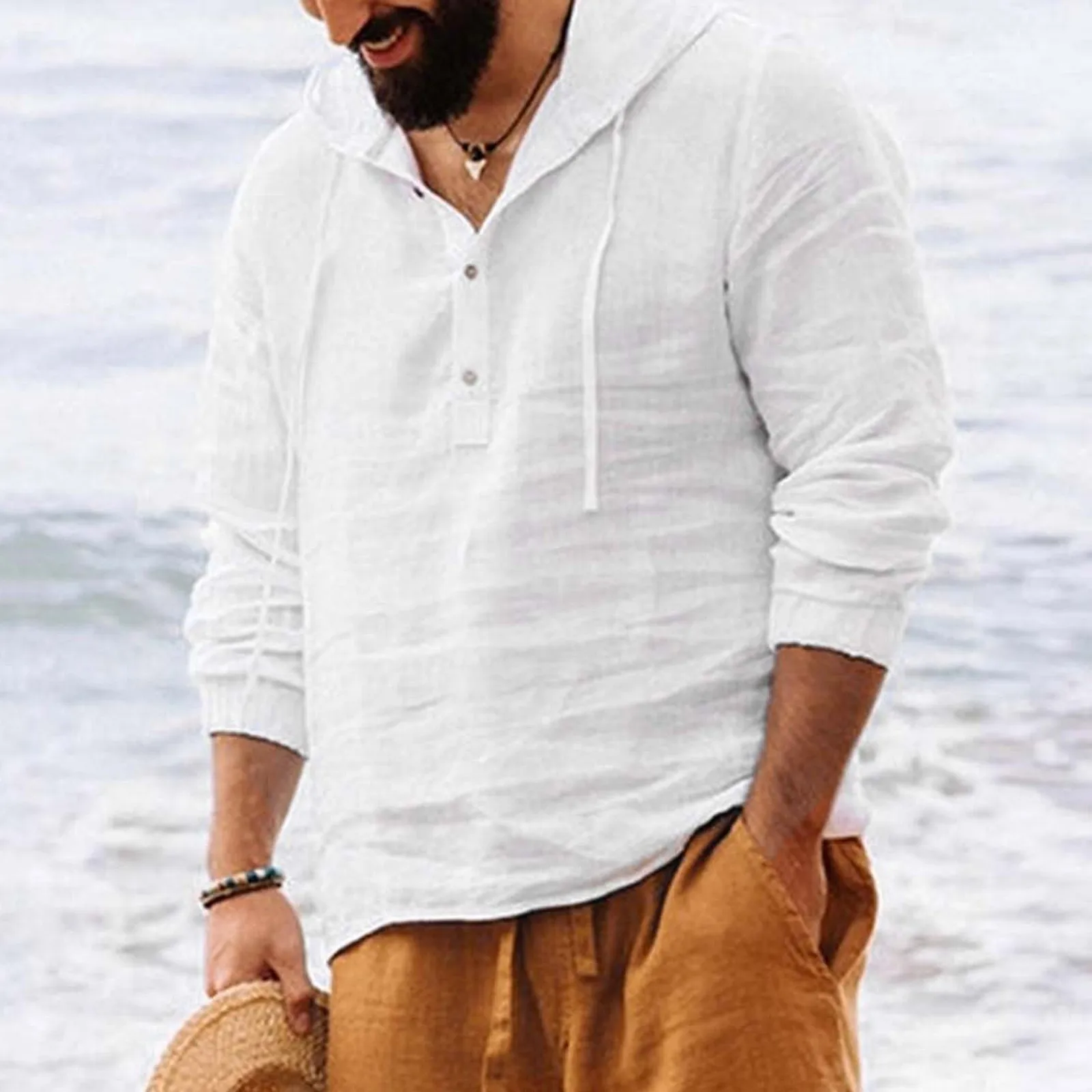 

Рубашка мужская однотонная с капюшоном, льняная Повседневная пляжная хлопковая Длинная сорочка на пуговицах, с цветным рукавом, в винтажно...