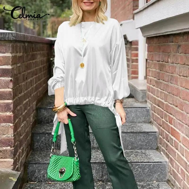 

2022 Autumn Celmia Fashion Women Tunics Tops Elegant Satin Blouses Long Sleeve Solid Casual Shirts Sweet Party Blusas Femininas