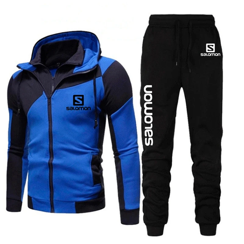 

2020 new autumn and winter men's two piece striped sportswear jacket full sleeve top hood + outdoor sports pants sports suit