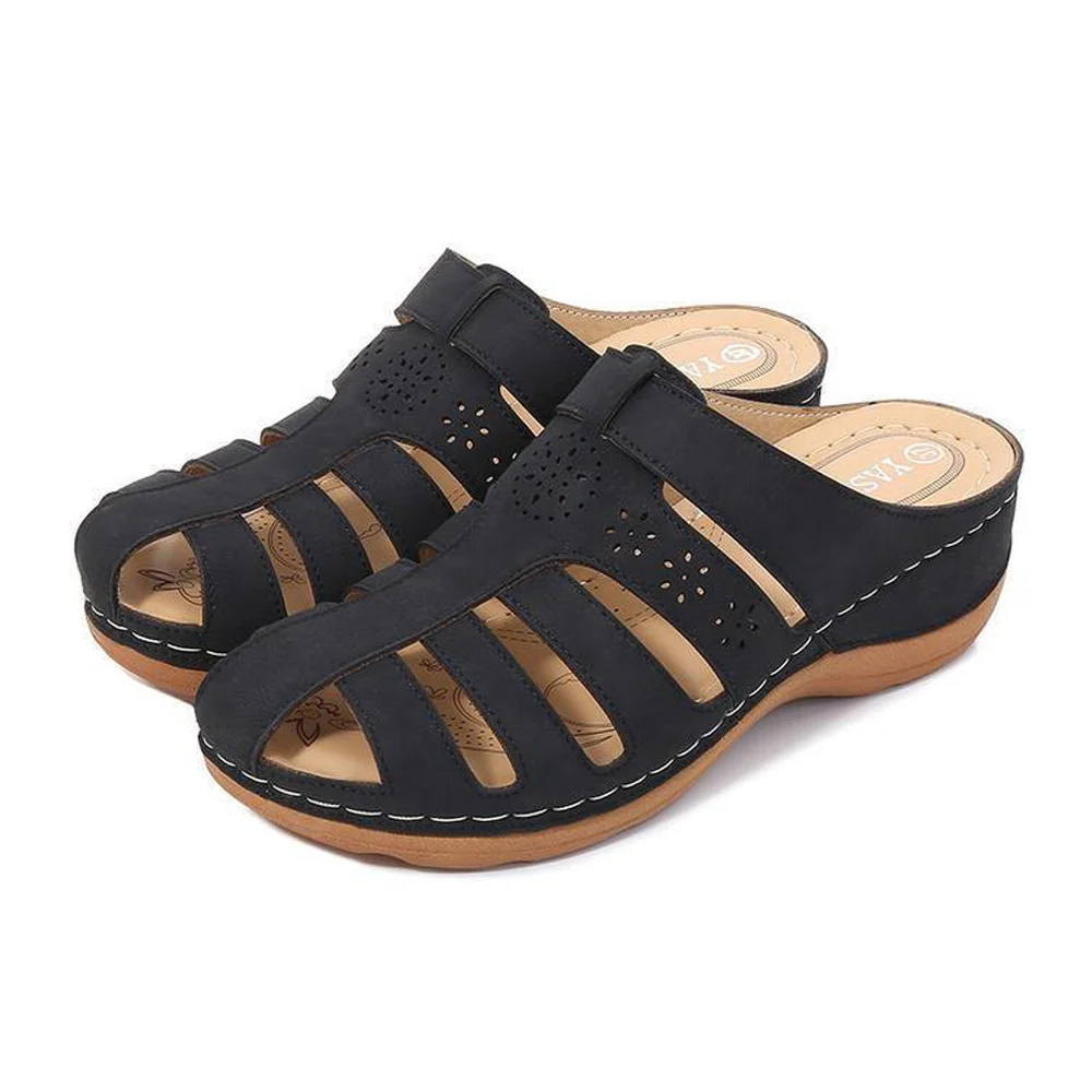 

Women Ladies Solid Color Round Toe Heels Sandals Slippers