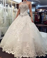 luxury appliques lace halter wedding dresses tulle royal train shining beading crystal bride gown vestido de noiva customed