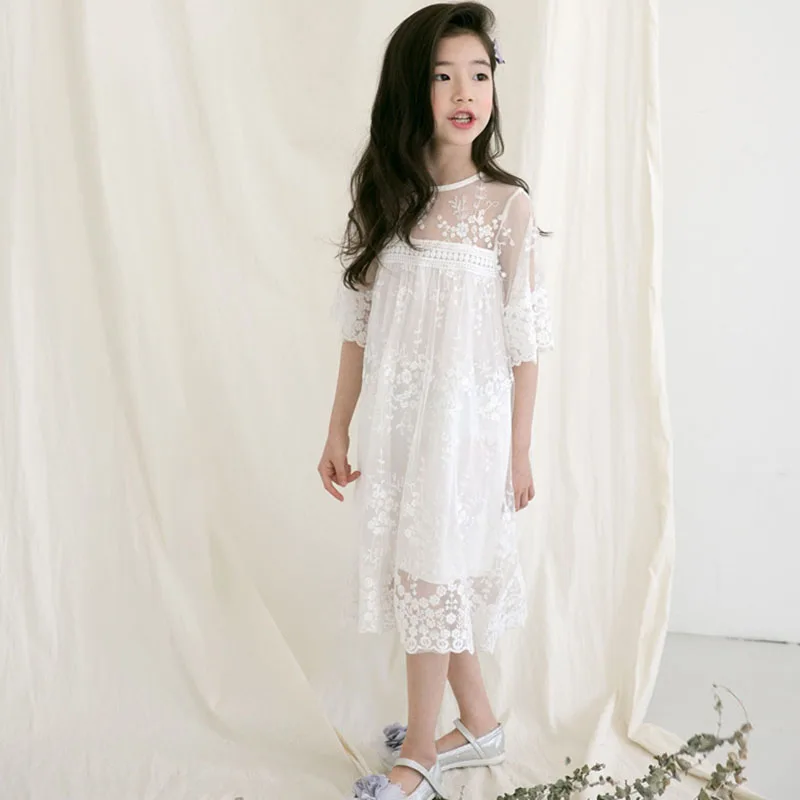 Кружевное платье с цветочным рисунком для девочек белое принцессы рукавом