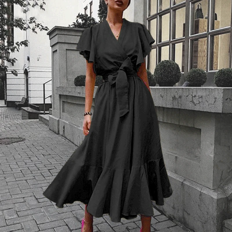 

Women Vintage V-neck Ruffle Party Dress 2021 Spring High Waist Lace-up Bow Long Dress Summer Butterfly Short Sleeve A-Line Dress