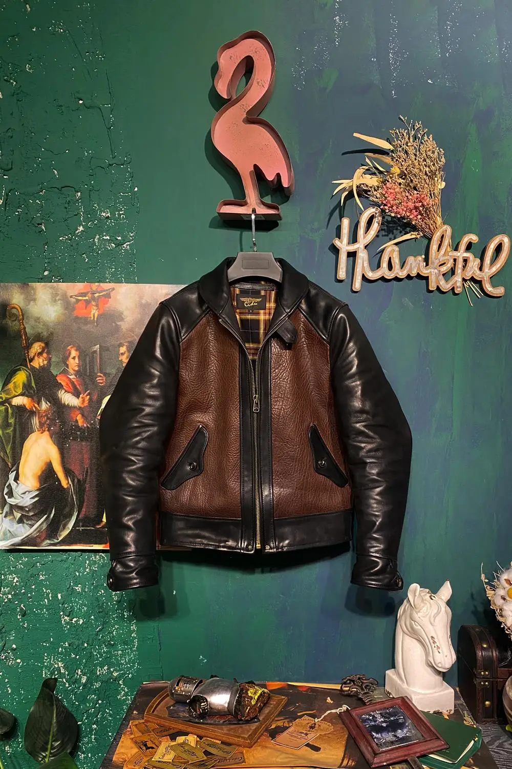 

Buffalo leather shawl collar jacket restoring ancient ways