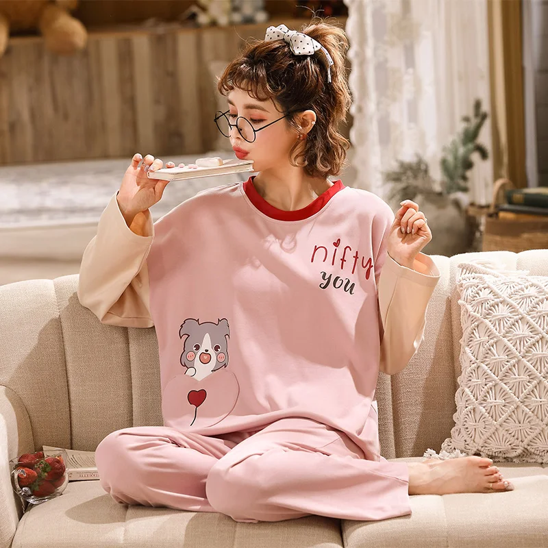 Foply Cartoon 100% Full Cotton Pajamas Set Women Pyjamas Sleepwear Women Nightwear Pijama Mujer Home Wear Long Pants Nightsuit